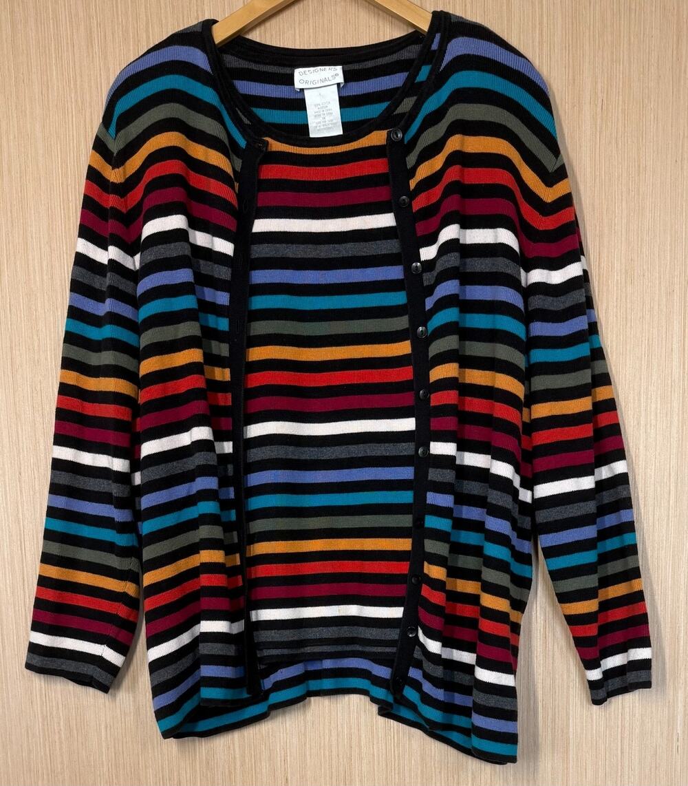VTG Designers Originals 100% Cotton Top Cardigan Sweater Set 1X Rainbow Stripe